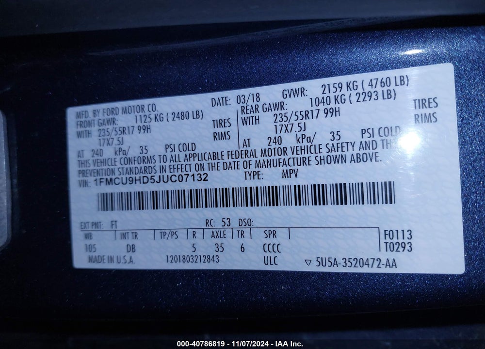 2018 FORD ESCAPE SEL VIN: 1FMCU9HD5JUC07132