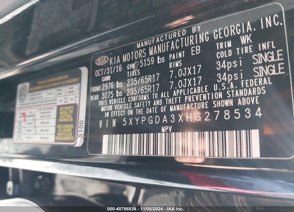 2017 KIA SORENTO 2.4L LX VIN: 5XYPGDA3XHG278534