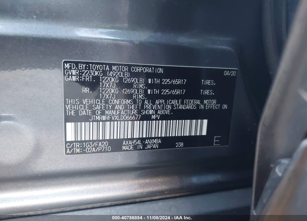 2020 TOYOTA RAV4 HYBRID XLE VIN: JTMRWRFVXLD066677