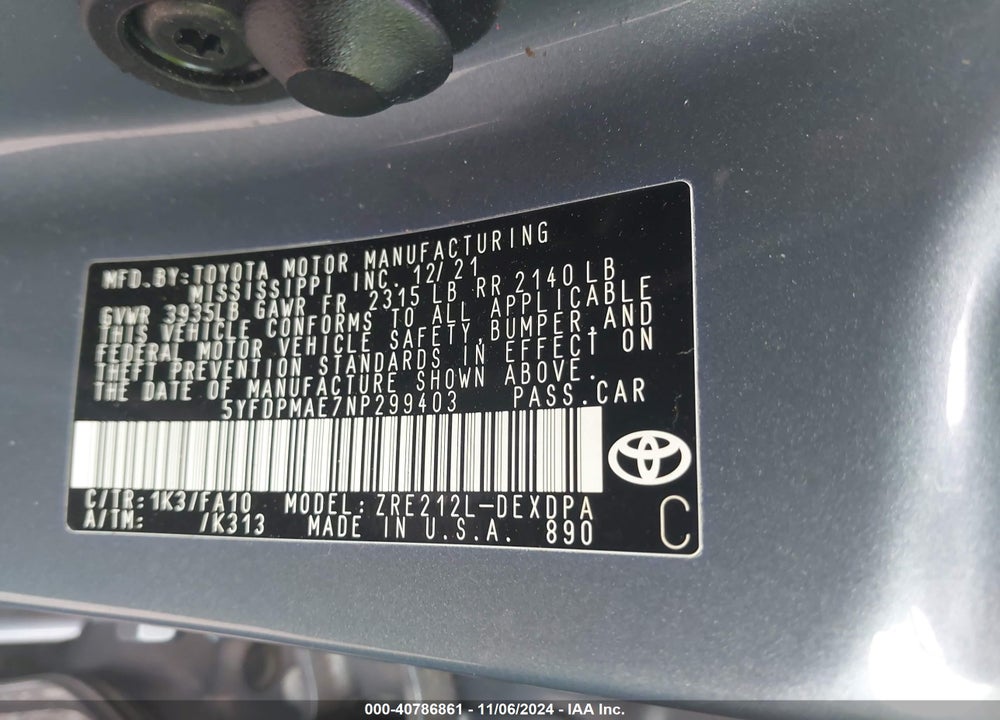 2022 TOYOTA COROLLA L VIN: 5YFDPMAE7NP299403
