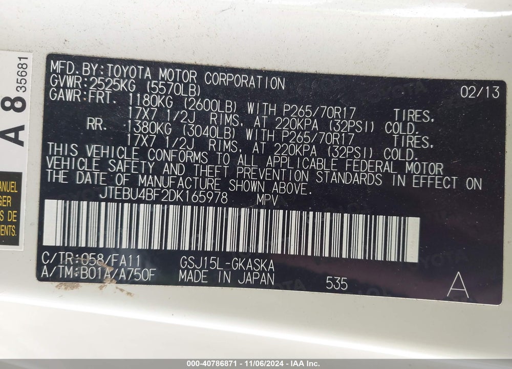 2013 TOYOTA FJ CRUISER VIN: JTEBU4BF2DK165978