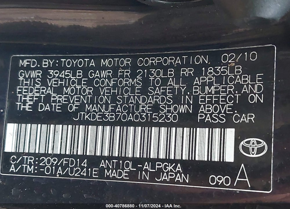 2010 SCION TC VIN: JTKDE3B70A0315230
