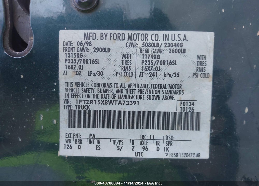 1998 FORD RANGER SPLASH/XL/XLT VIN: 1FTZR15X8WTA73391