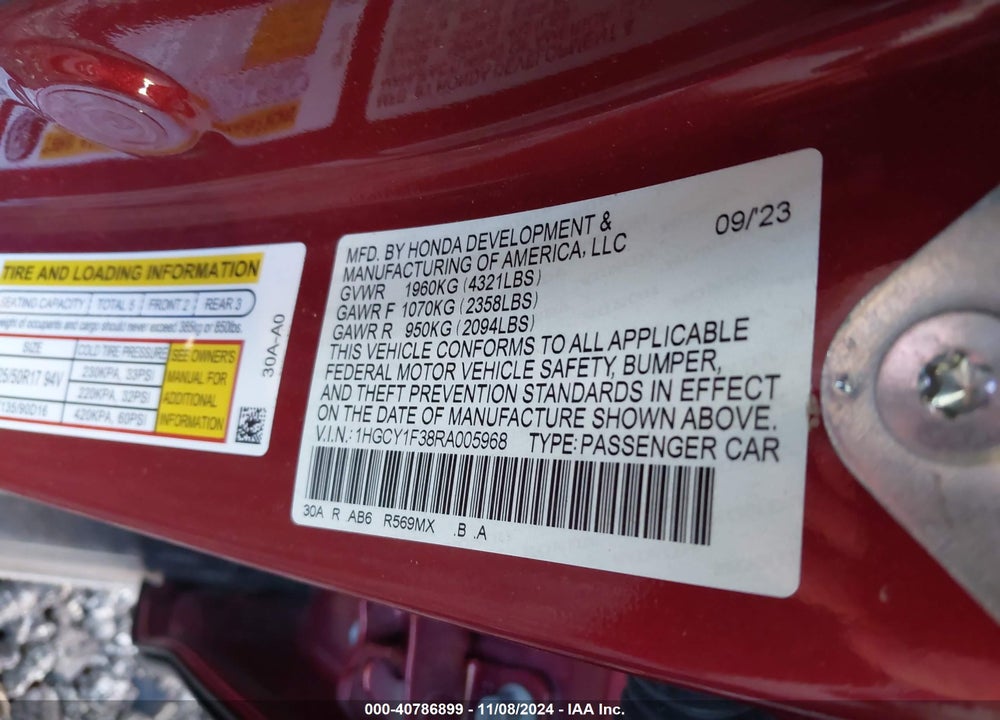 2024 HONDA ACCORD VIN: 1HGCY1F38RA005968