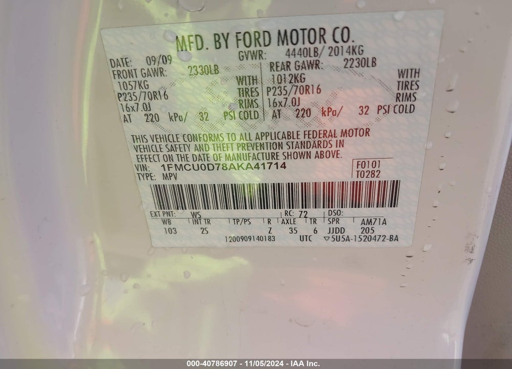 2010 FORD ESCAPE XLT VIN: 1FMCU0D78AKA41714