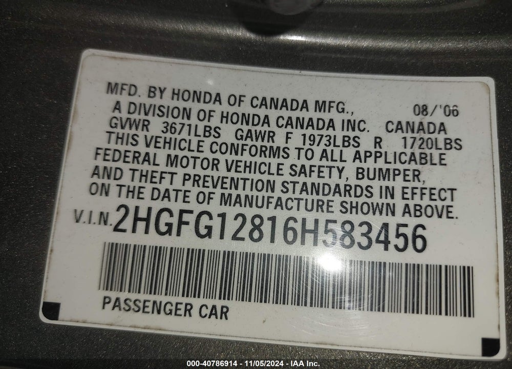 2006 HONDA CIVIC EX VIN: 2HGFG12816H583456
