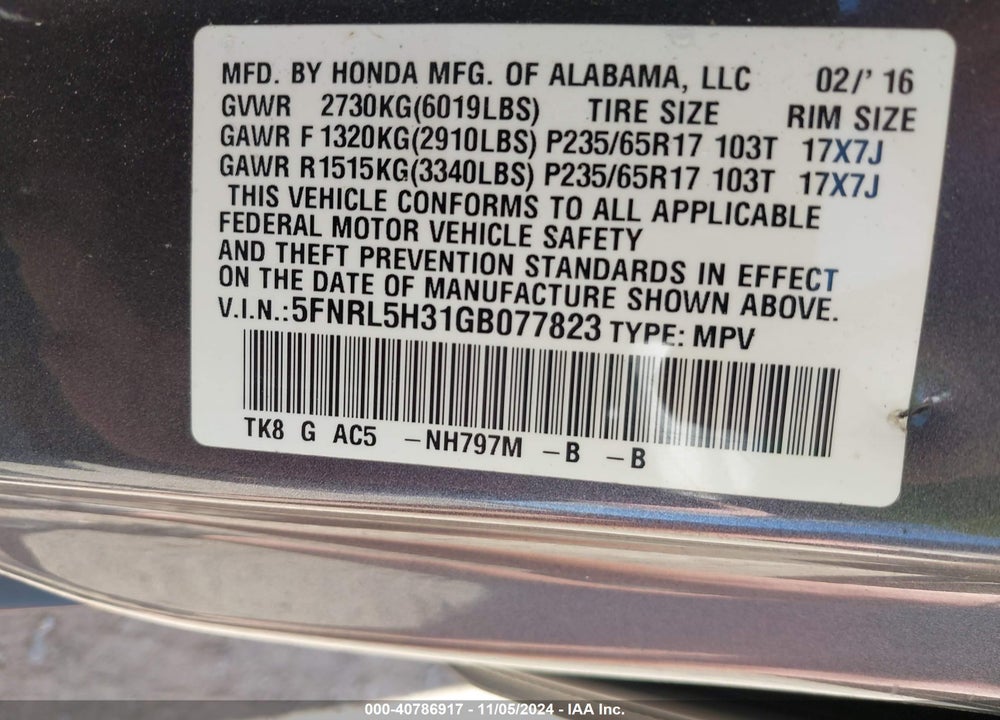 2016 HONDA ODYSSEY SE VIN: 5FNRL5H31GB077823