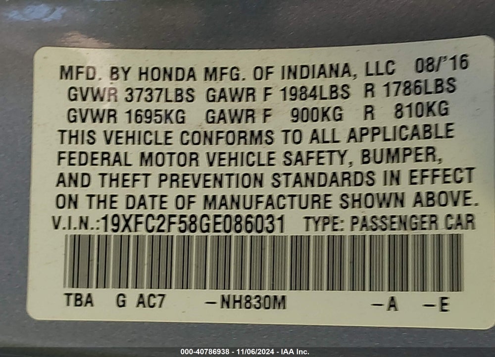 2016 HONDA CIVIC LX VIN: 19XFC2F58GE086031