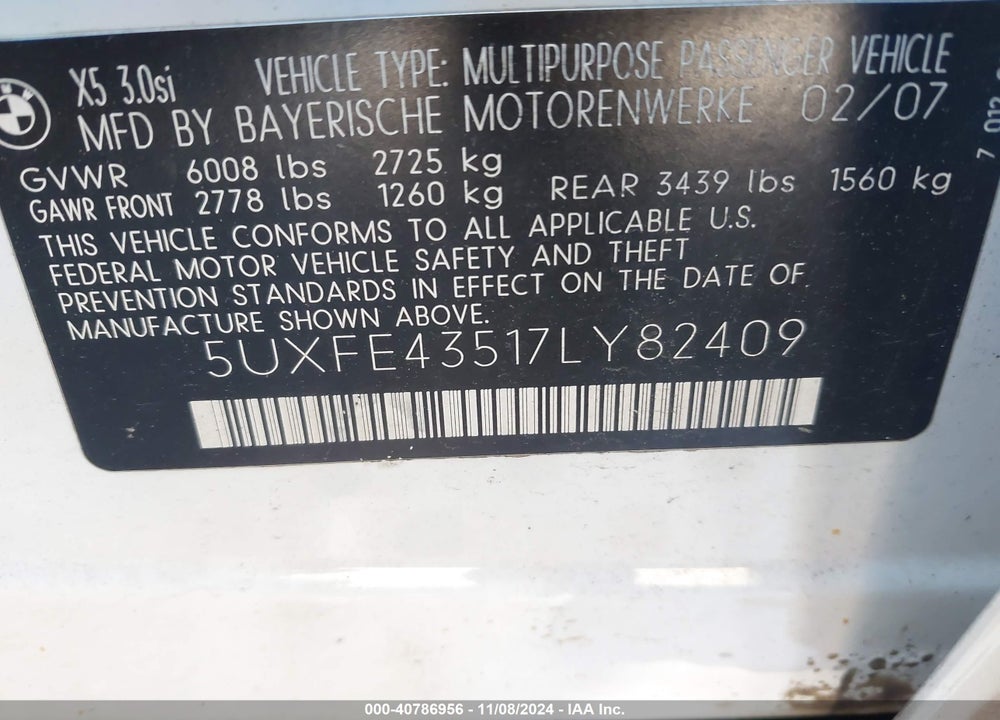 2007 BMW X5 3.0SI VIN: 5UXFE43517LY82409