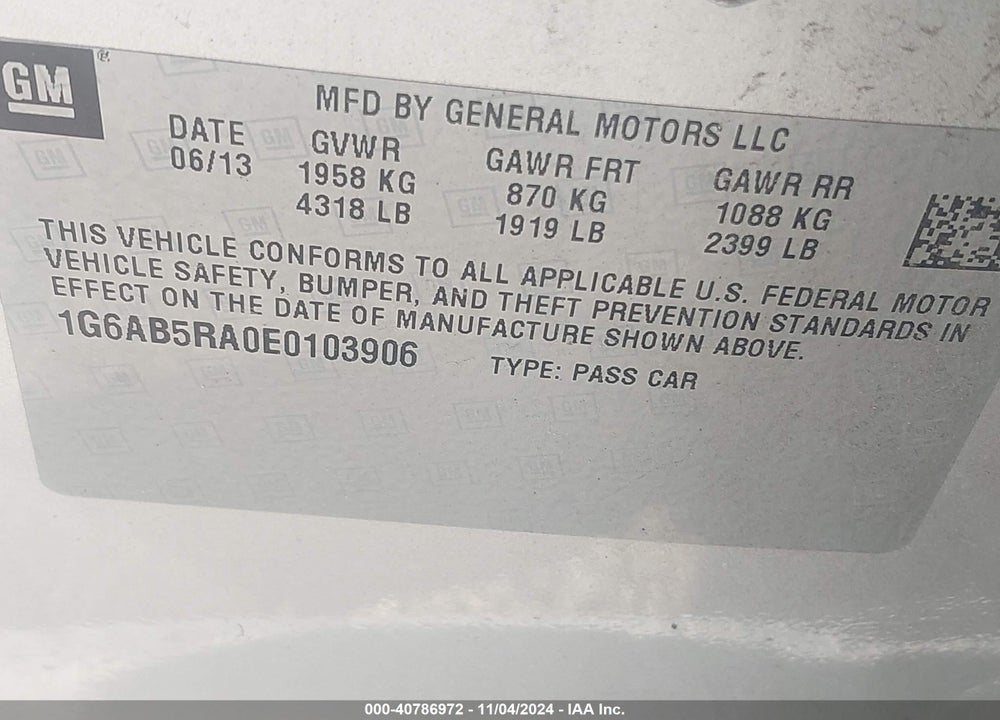 2014 CADILLAC ATS LUXURY VIN: 1G6AB5RA0E0103906