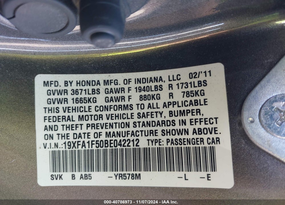2011 HONDA CIVIC LX VIN: 19XFA1F50BE042212
