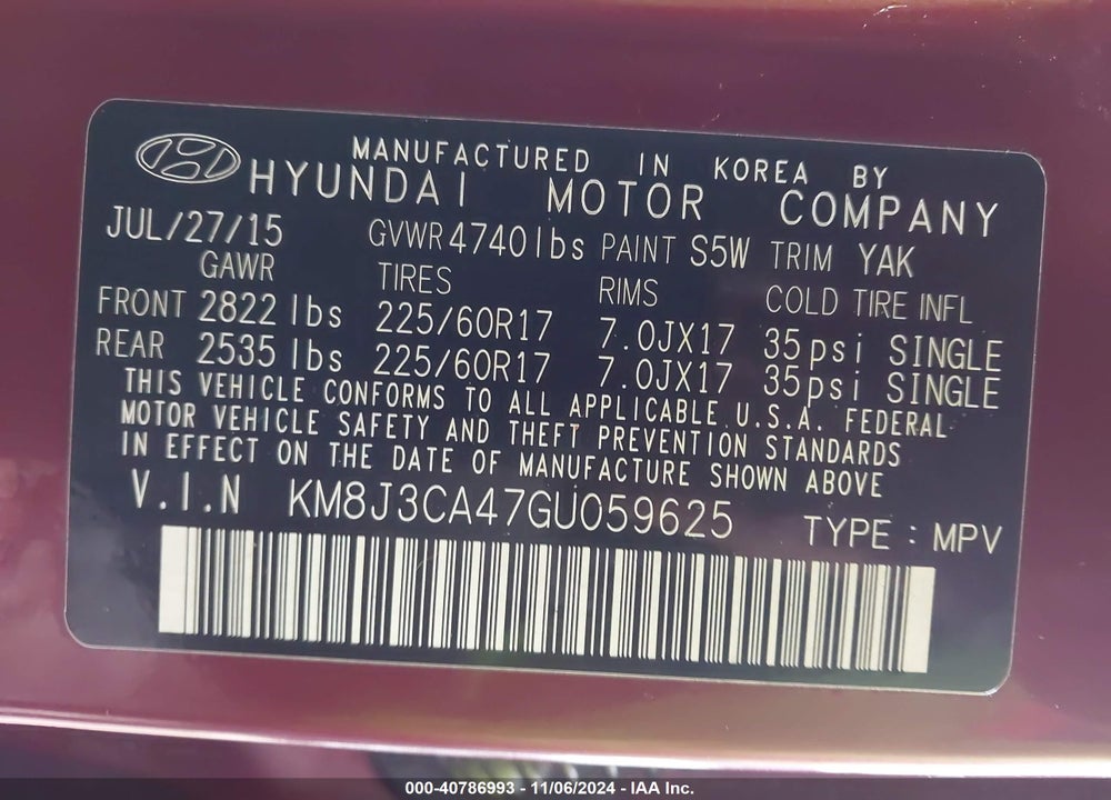 2016 HYUNDAI TUCSON VIN: KM8J3CA47GU059625