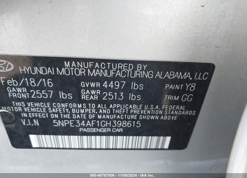 2016 HYUNDAI SONATA SPORT VIN: 5NPE34AF1GH398615