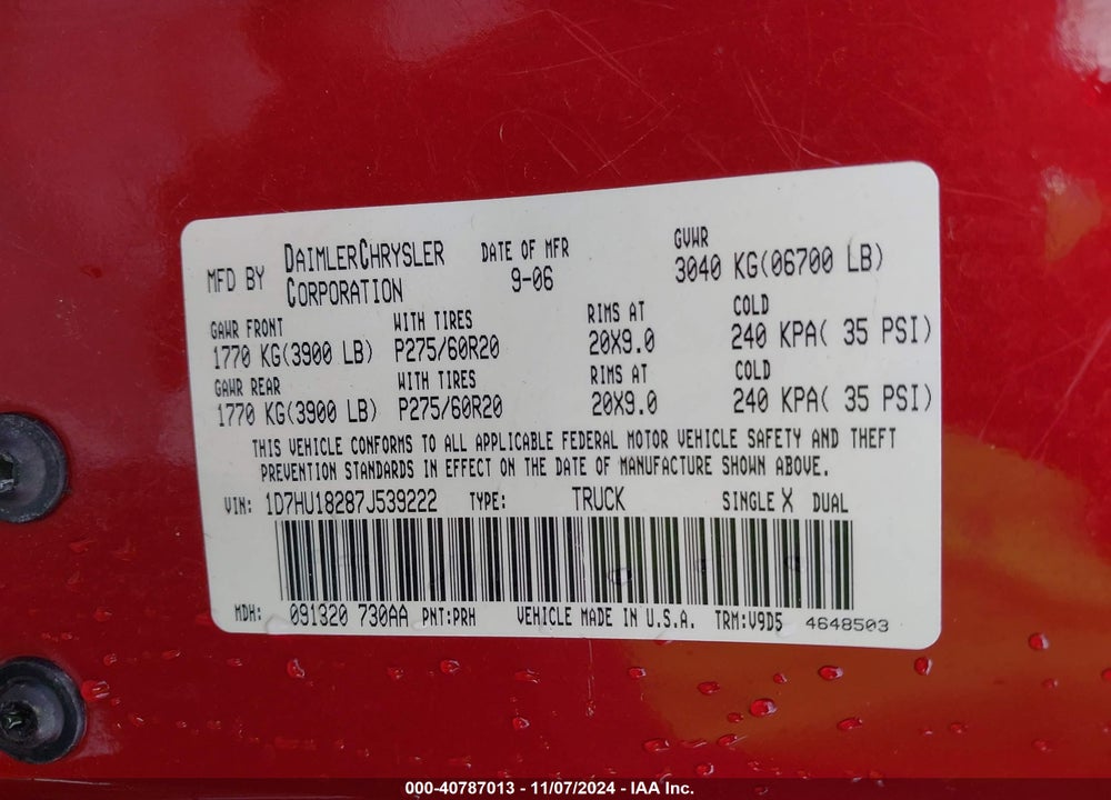 2007 DODGE RAM 1500 SLT/TRX4 OFF ROAD/SPORT VIN: 1D7HU18287J539222