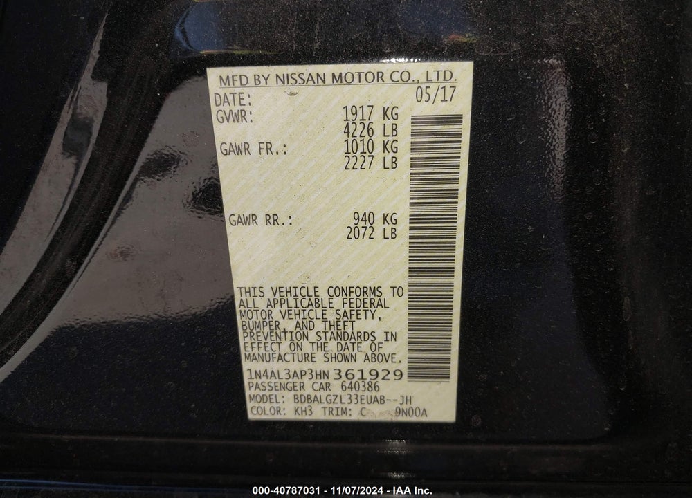 2017 NISSAN ALTIMA 2.5 S VIN: 1N4AL3AP3HN361929