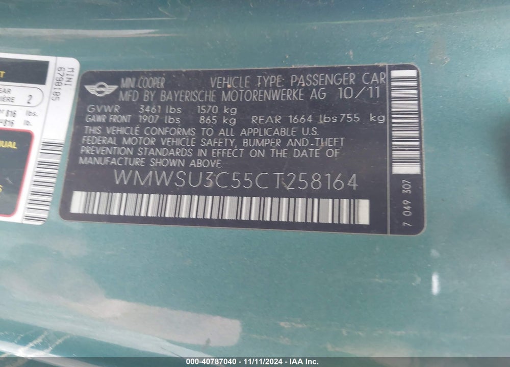 2012 MINI COOPER VIN: WMWSU3C55CT258164