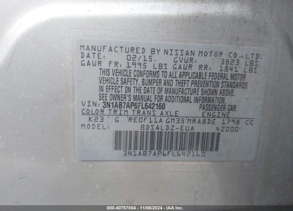 2015 NISSAN SENTRA FE+ S/S/SL/SR/SV VIN: 3N1AB7AP6FL642160