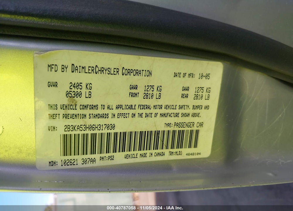 2006 DODGE CHARGER RT VIN: 2B3KA53H06H317030