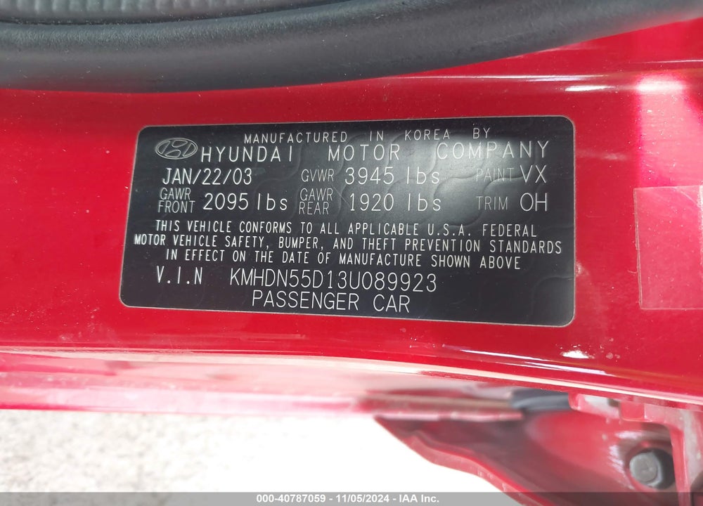 2003 HYUNDAI ELANTRA GT VIN: KMHDN55D13U089923