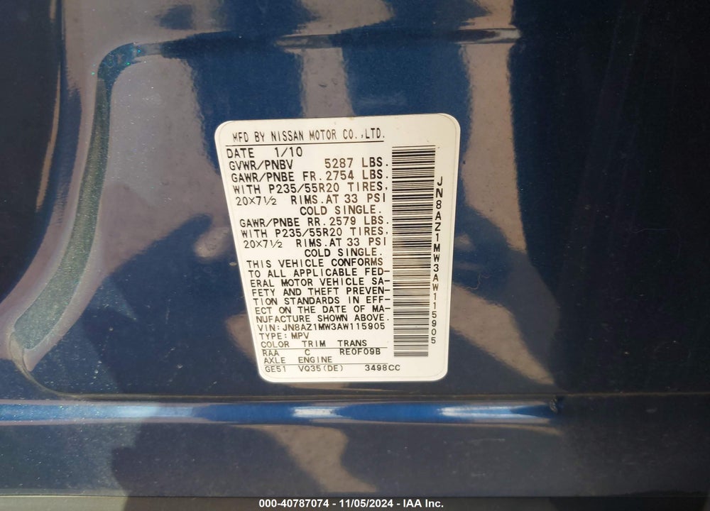 2010 NISSAN MURANO LE VIN: JN8AZ1MW3AW115905