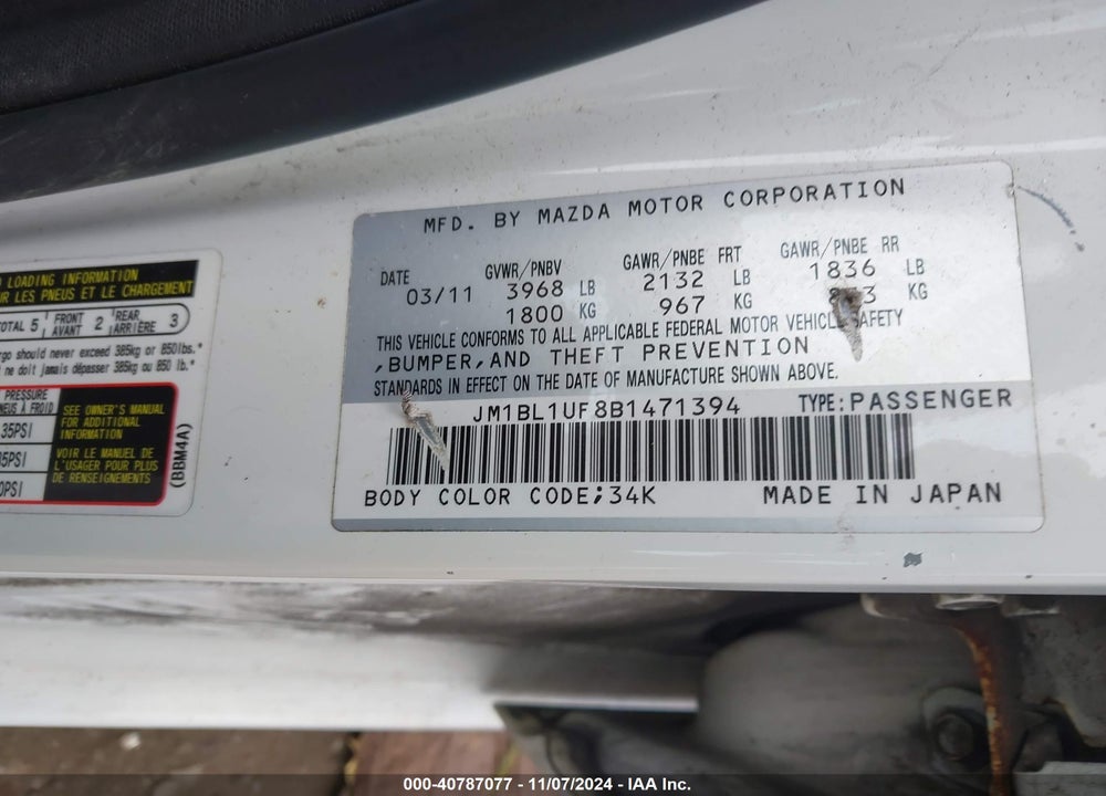 2011 MAZDA 3 I SPORT VIN: JM1BL1UF8B1471394