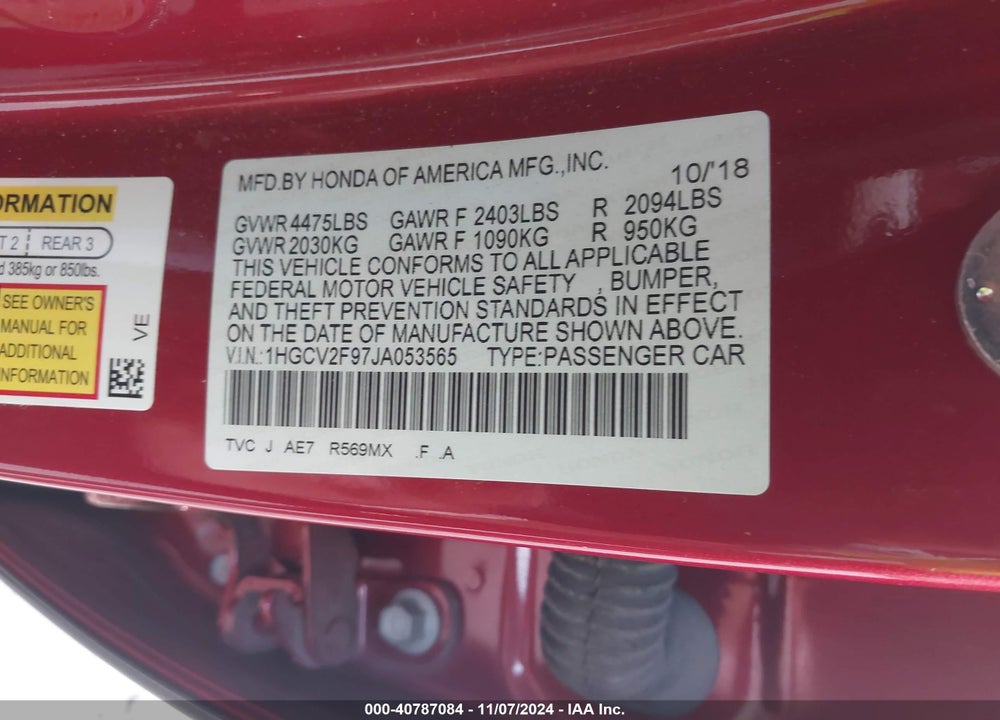 2018 HONDA ACCORD TOURING 2.0T VIN: 1HGCV2F97JA053565