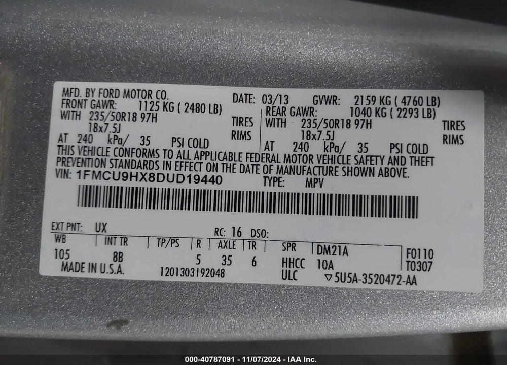 2013 FORD ESCAPE SEL VIN: 1FMCU9HX8DUD19440