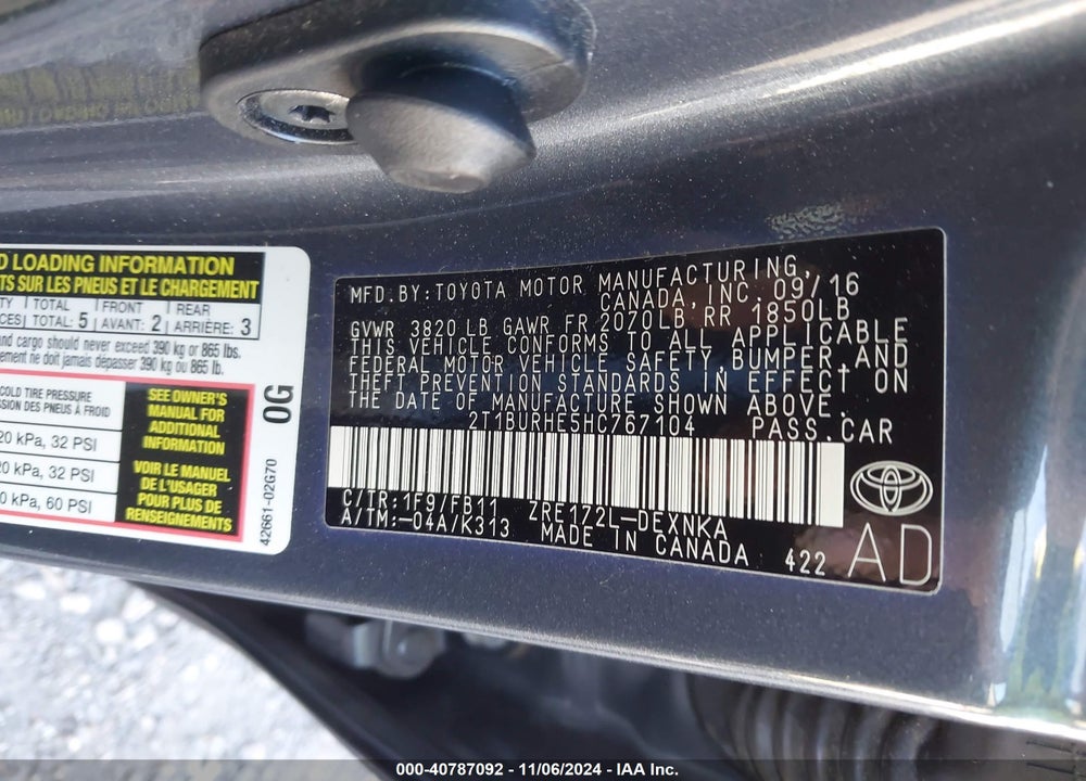 2017 TOYOTA COROLLA L/LE/XLE/SE/XSE VIN: 2T1BURHE5HC767104