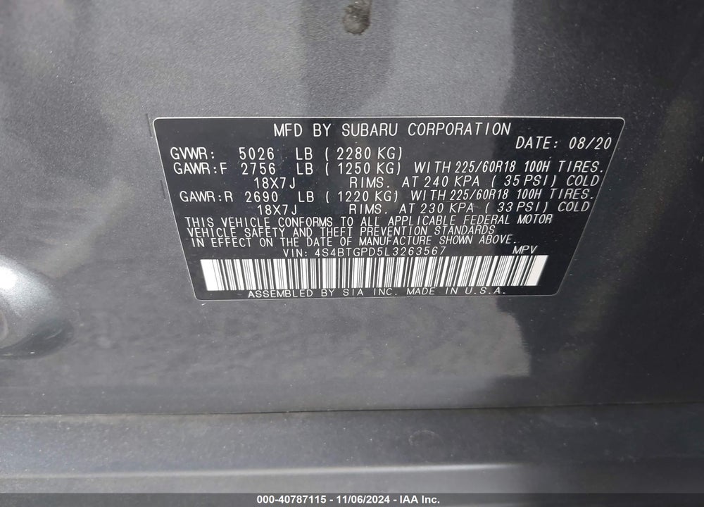 2020 SUBARU OUTBACK TOURING XT VIN: 4S4BTGPD5L3263567