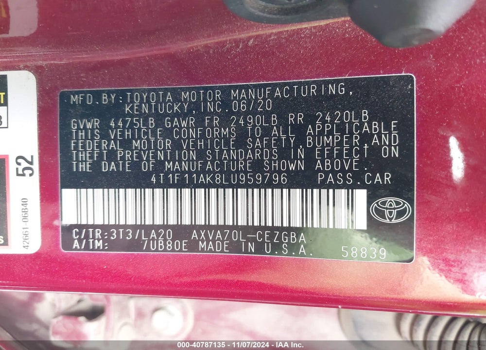 2020 TOYOTA CAMRY XLE VIN: 4T1F11AK8LU959796