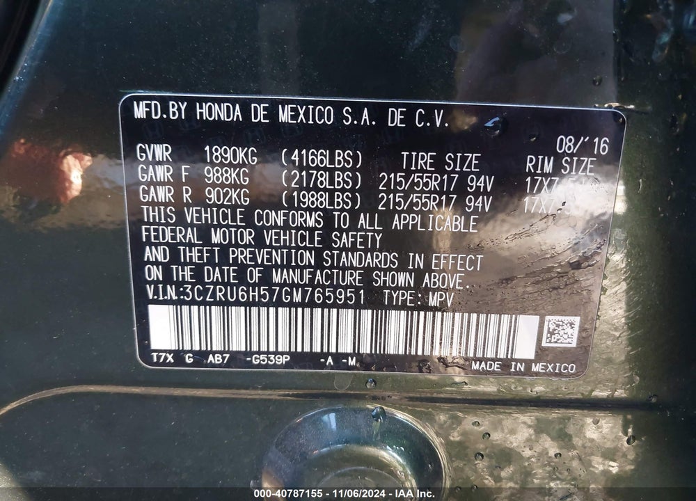 2016 HONDA HR-V EX VIN: 3CZRU6H57GM765951