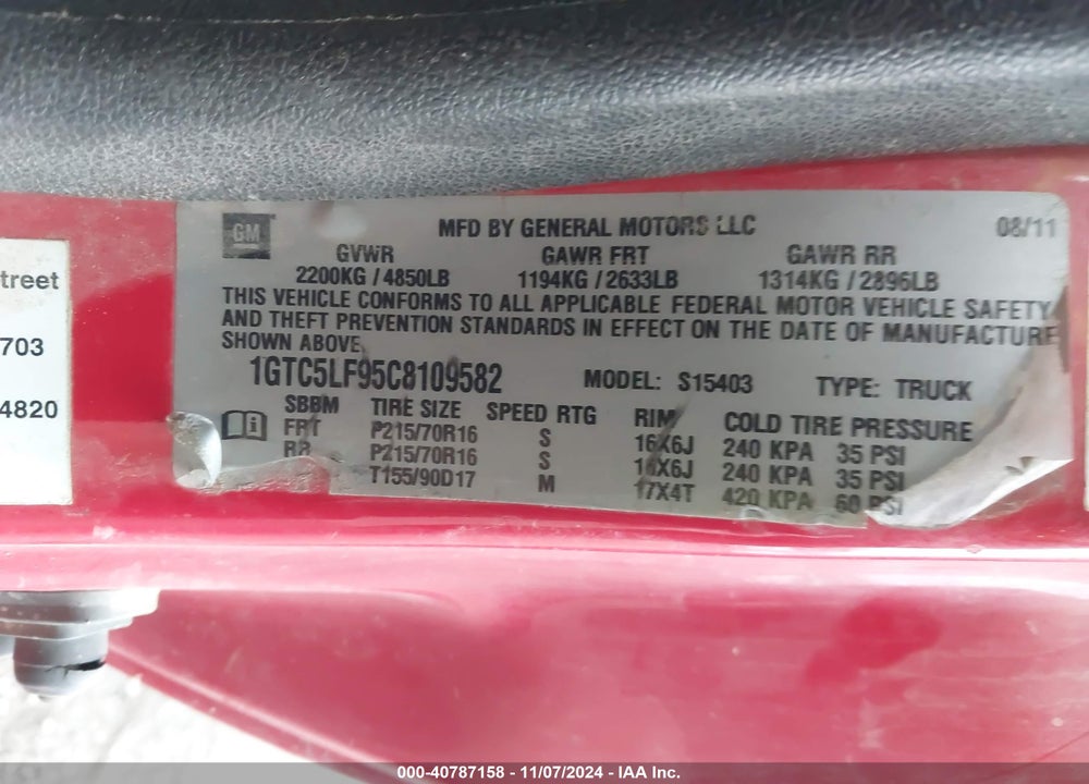2012 GMC CANYON WORK TRUCK VIN: 1GTC5LF95C8109582