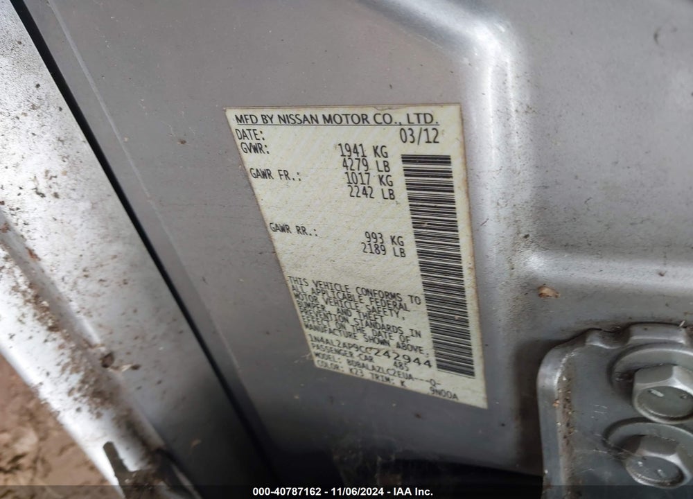 2012 NISSAN ALTIMA 2.5 VIN: 1N4AL2AP9CC242944