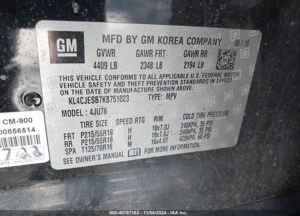 2019 BUICK ENCORE AWD PREFERRED VIN: KL4CJESB7KB751023