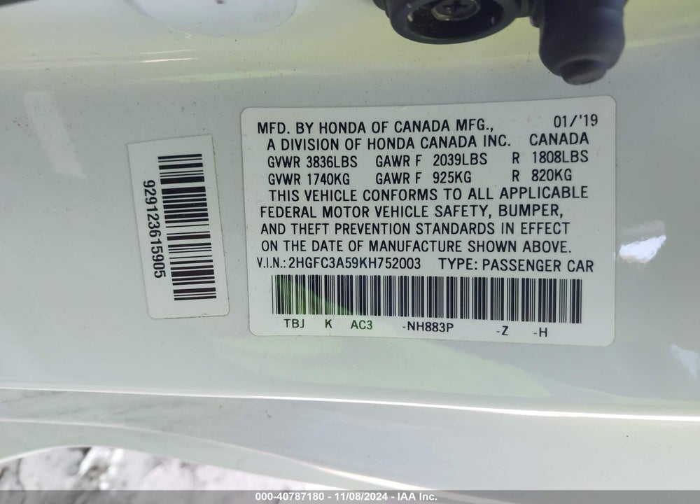 2019 HONDA CIVIC SI VIN: 2HGFC3A59KH752003