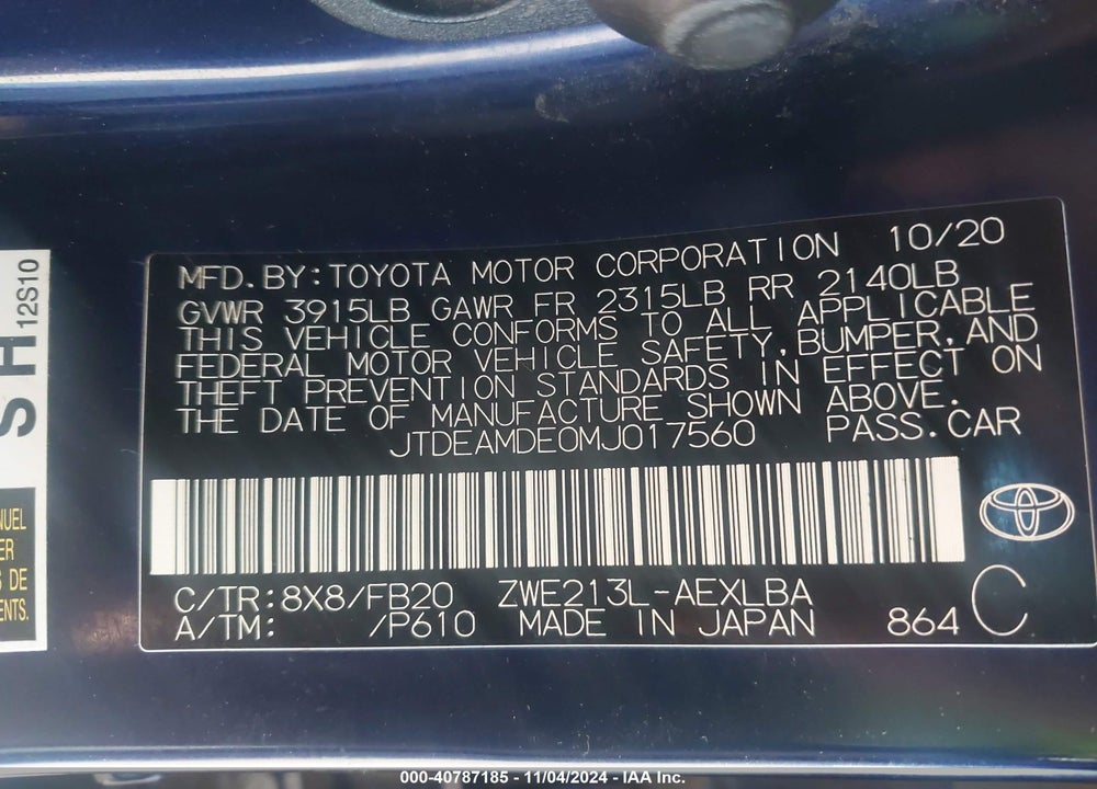 2021 TOYOTA COROLLA HYBRID LE VIN: JTDEAMDE0MJ017560