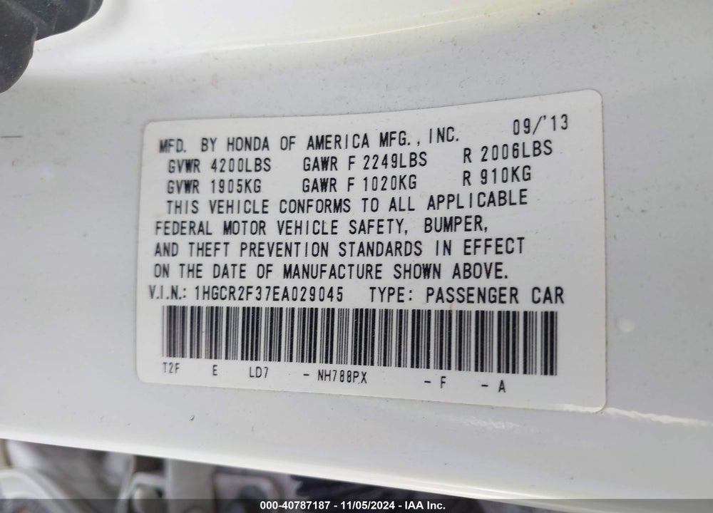 2014 HONDA ACCORD LX VIN: 1HGCR2F37EA029045