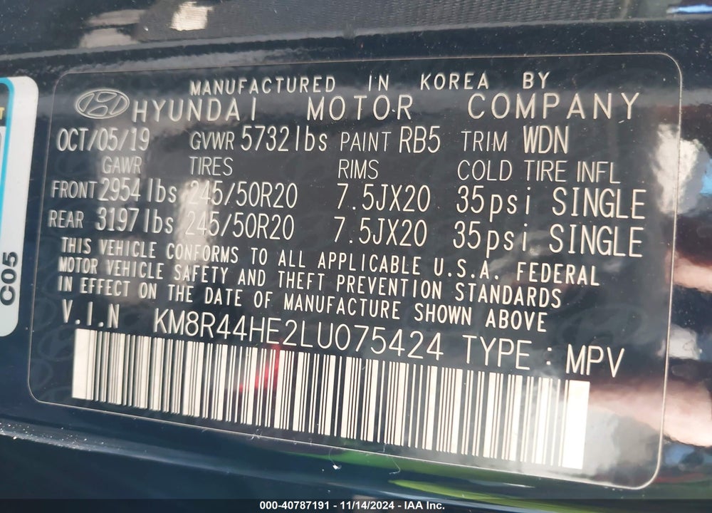2020 HYUNDAI PALISADE SEL VIN: KM8R44HE2LU075424