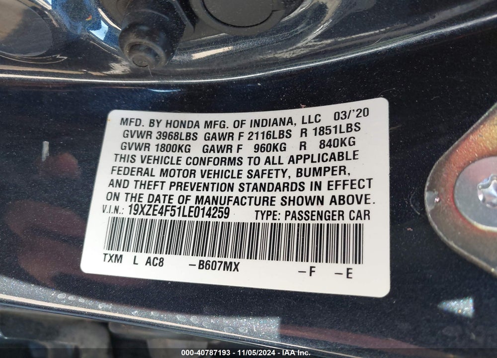 2020 HONDA INSIGHT EX VIN: 19XZE4F51LE014259