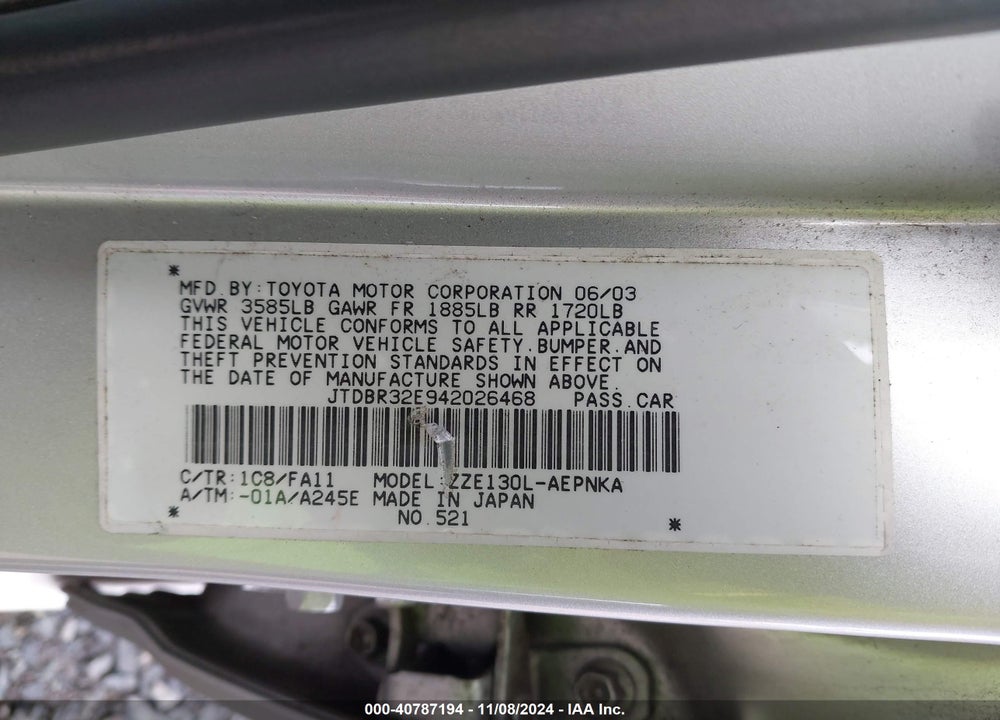 2004 TOYOTA COROLLA LE VIN: JTDBR32E942026468