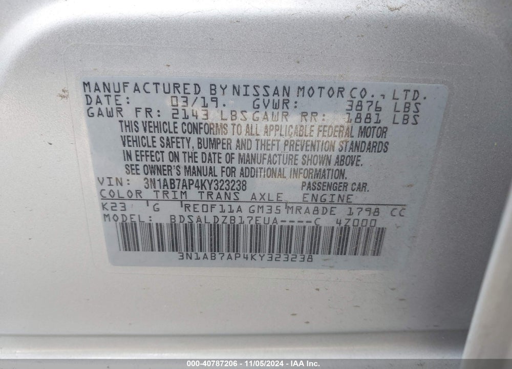 2019 NISSAN SENTRA SV VIN: 3N1AB7AP4KY323238