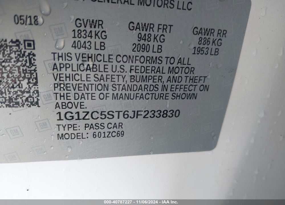 2018 CHEVROLET MALIBU 1FL VIN: 1G1ZC5ST6JF233830