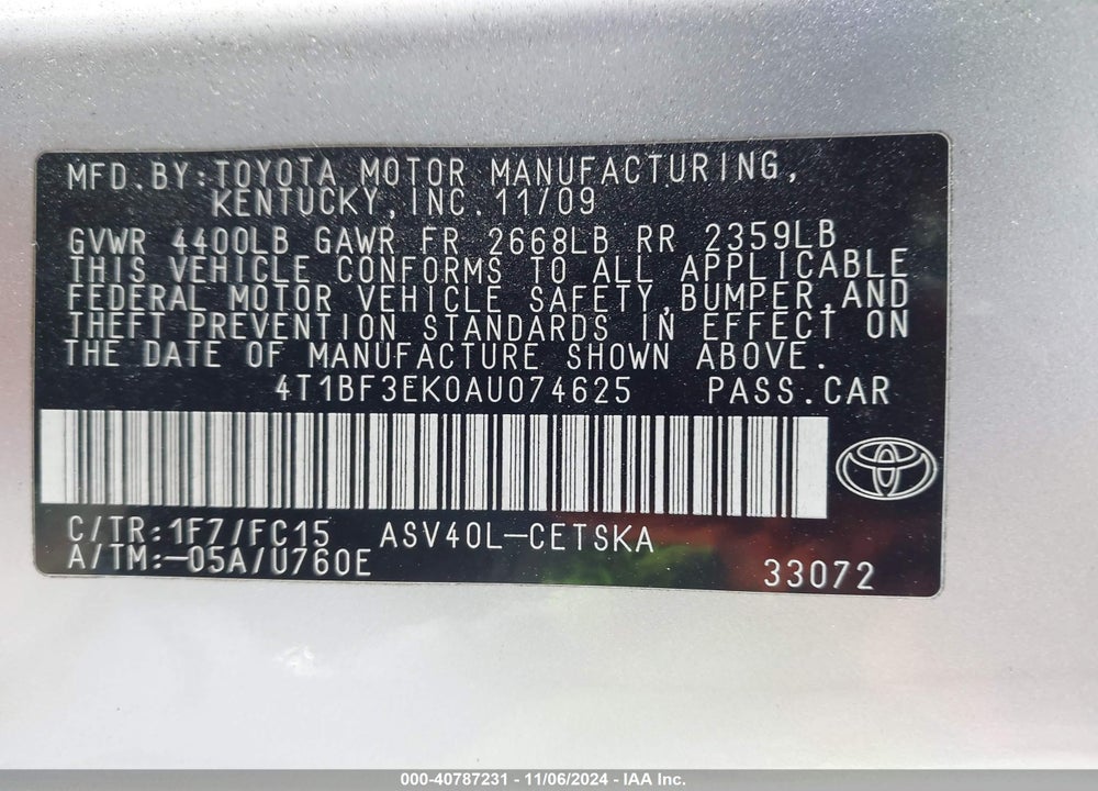 2010 TOYOTA CAMRY SE VIN: 4T1BF3EK0AU074625