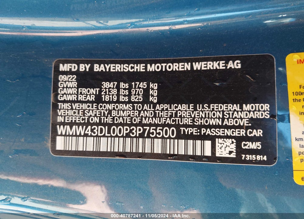 2023 MINI CONVERTIBLE VIN: WMW43DL00P3P75500
