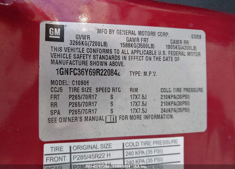 2009 CHEVROLET SUBURBAN 1500 LTZ VIN: 1GNFC36Y69R220842