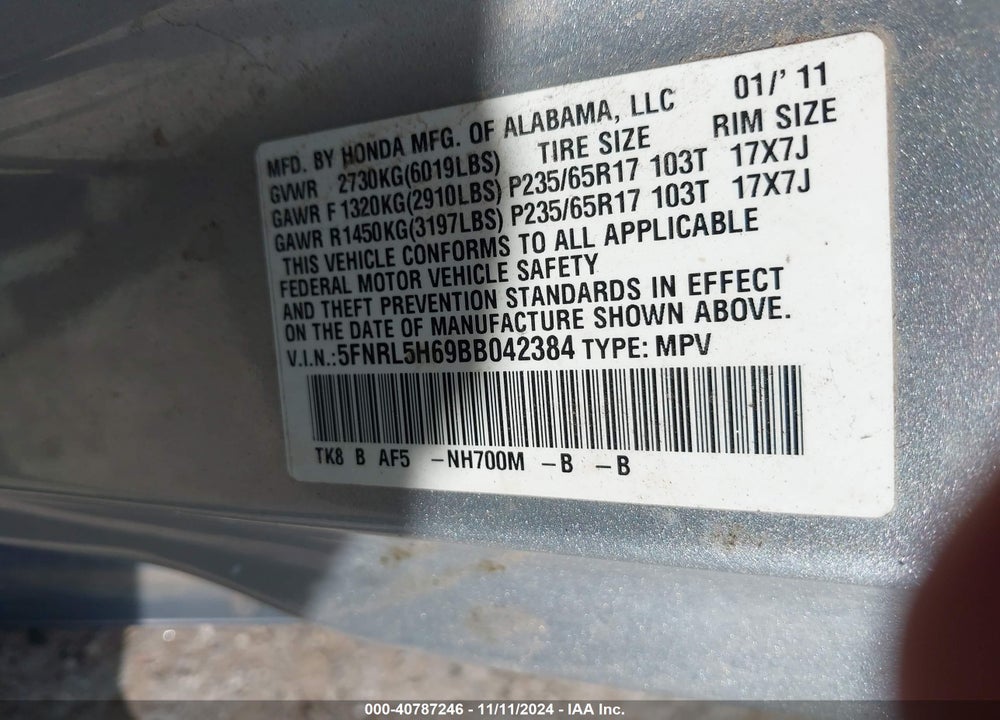2011 HONDA ODYSSEY VIN: 5FNRL5H69BB042384
