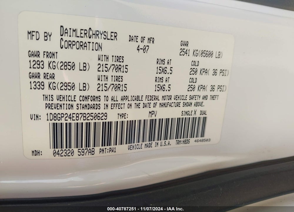 2007 DODGE GRAND CARAVAN SE VIN: 1D8GP24E87B250629