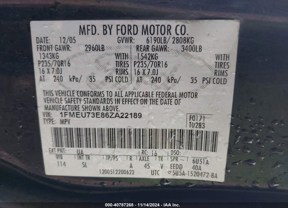 2006 FORD EXPLORER XLT VIN: 1FMEU73E86ZA22189