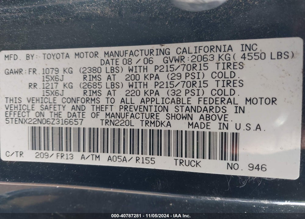 2006 TOYOTA TACOMA VIN: 5TENX22N06Z316657