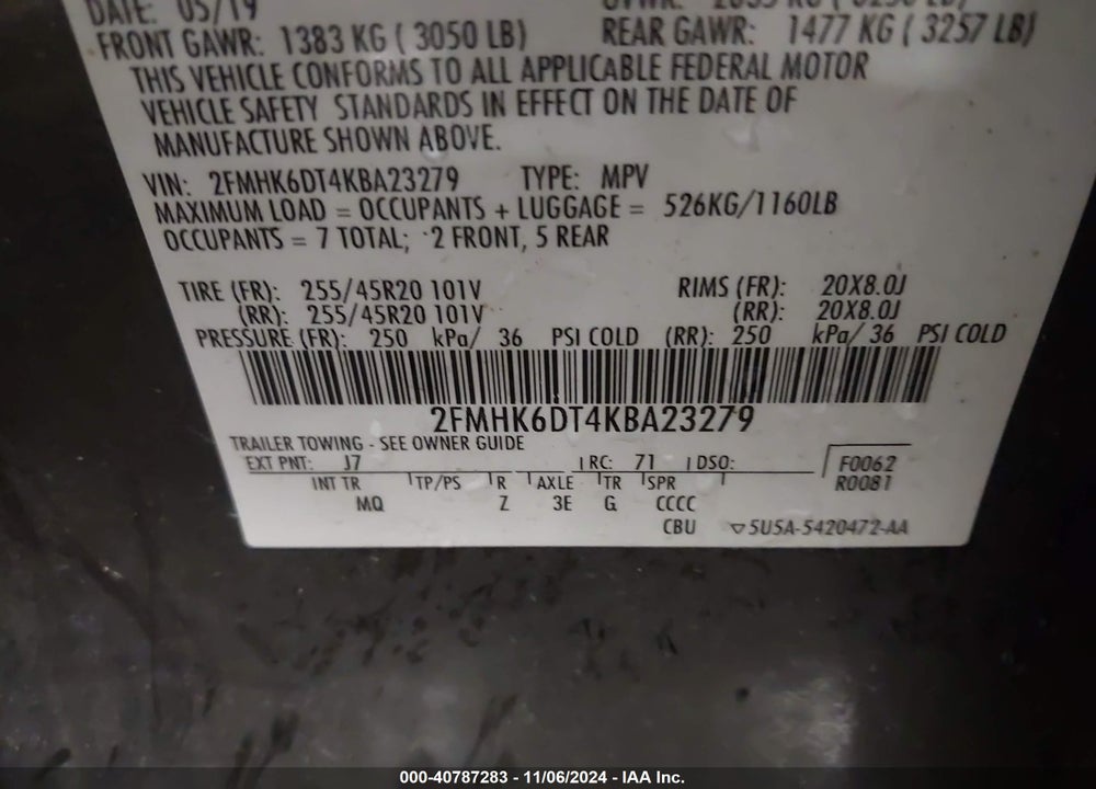 2019 FORD FLEX LIMITED VIN: 2FMHK6DT4KBA23279